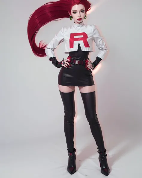 <lora:TeamrocketJessieJamesV1:1>jessie team rocket uniform red hair earrings  fullbody