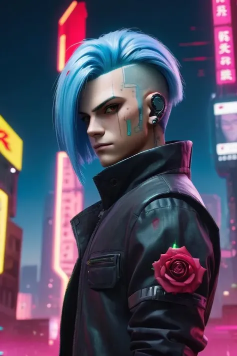 James, Team Rocket, Blue hair, TRJS, 1boy, cyberware cybernetic face modification, cowboy shot
(Cyberpunk 2077), holding rose, neon city background
<lora:TeamrocketJessieJamesV1:1>