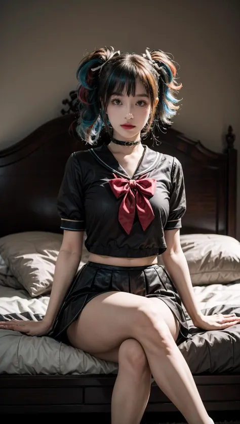 best quality,HDR,UHD,8K,Vivid Colors,solo,front view,photo_(medium),(looking at viewer:1.2),(1girl:1.3),(plump:1.2),medium hair,single braid,(bedroom:1.5),(sitting:1.5),furniture,bright light,
<lora:add_detail:1>,<lora:harley quinn:0.75>,harley quinn,twintails,