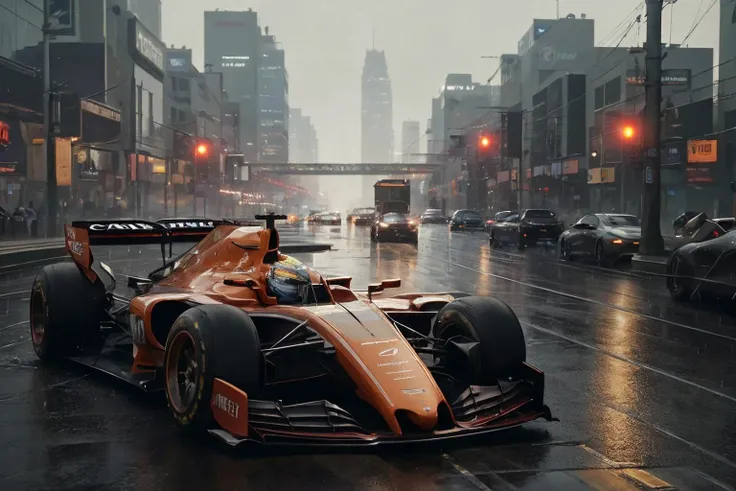 realistic photo of ftkr, F1 style, family car, stationwagon, city background, cyberpunk style, smoke, city lights, crowds, rain, realistic, (masterpiece:1.1), (best quality:1.1), beautiful, (intricate details), unity 8k wallpaper, ultra detailed, aesthetic, perfect lighting,  <lora:Loha_FutkarV2:0.55>