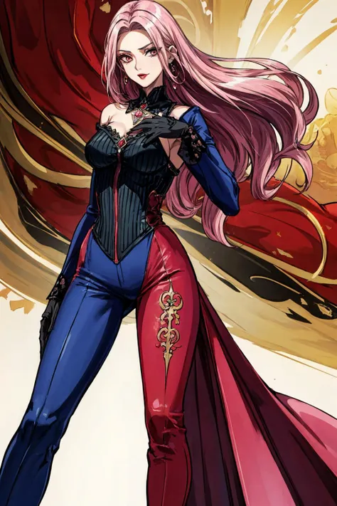 (mature woman:1.3), pink long hair, lipstick, (Pantsuit open shoulders:1.1), open neckline, mid-chest, earrings, <lora:beautifulDetailedEyes_v10:0.8>, <lora:add_detail:0.8>, ((masterpiece)), (high quality), (best quality), (detailed), hd, perfect lighting, detailed face, detailed body, <lora:Goth:0.5>, goth, gothic,