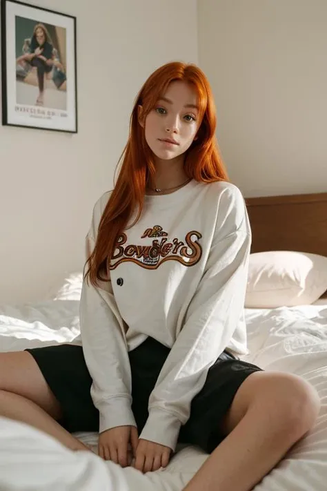1girl, sitting on bed, messy room, annoyed, strawberry blonde,
oversized boy's shirt, long sleeves,
afternoon light
Merger_alexandra_surreal