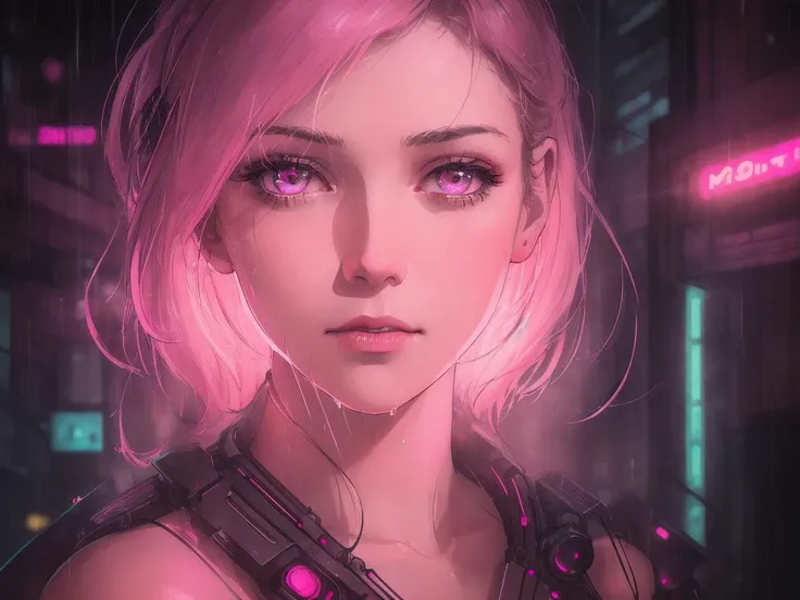 rainy night in a cyberpunk city with glowing neon lights, woman, beautiful face, face-centered, centered, masterpiece, best quality, solo focus, depth of field, ambient lighting, atmospheric, intricate details, soft light, artstation, close up, upper body, pink theme