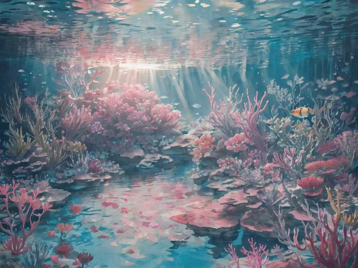 ((underwater world, light coming through water)), pink theme, plants, sunlight, flowers, masterpiece, best quality, air bubbles,depth of field, ambient lighting, atmospheric, intricate details, soft light, artstation