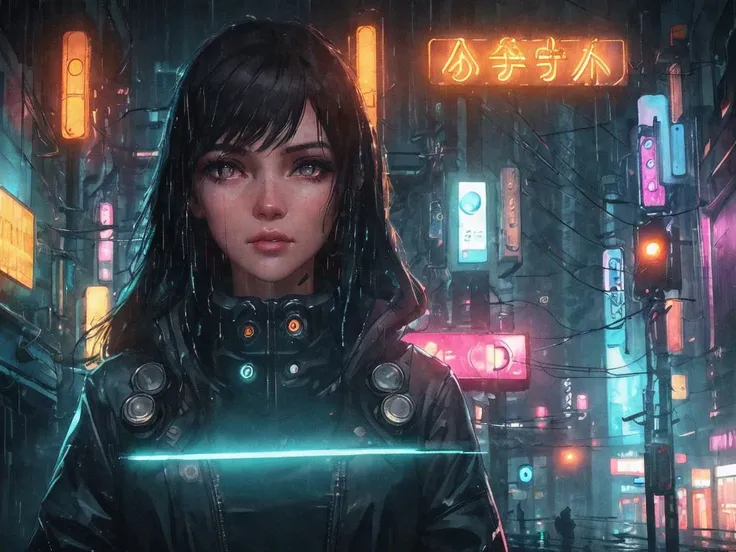 rainy night in a cyberpunk city with glowing neon lights, woman, beautiful face, face-centered, centered, masterpiece, best quality, solo focus, depth of field, ambient lighting, atmospheric, intricate details, soft light, artstation, close up, upper body