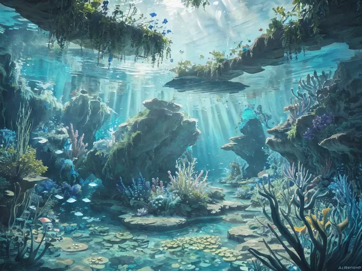 ((underwater world, light coming through water)), blue theme, plants, sunlight, flowers, masterpiece, best quality, air bubbles,depth of field, ambient lighting, atmospheric, intricate details, soft light, artstation