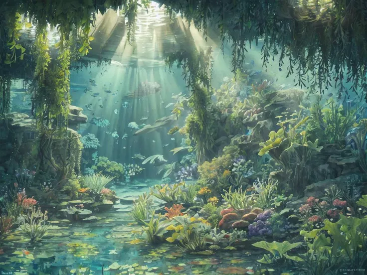 ((underwater world, light coming through water)), green theme, plants, sunlight, flowers, masterpiece, best quality, air bubbles,depth of field, ambient lighting, atmospheric, intricate details, soft light, artstation