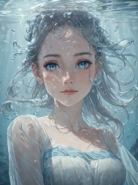 beautiful woman, masterpiece, best quality, portrait, close up, detailed face and eyes, dress, underwater hair physics, air bubbles, ((light coming through water)), solo focus, depth of field, ambient lighting, atmospheric, intricate details, soft light, artstation, ((look at the view, face up))