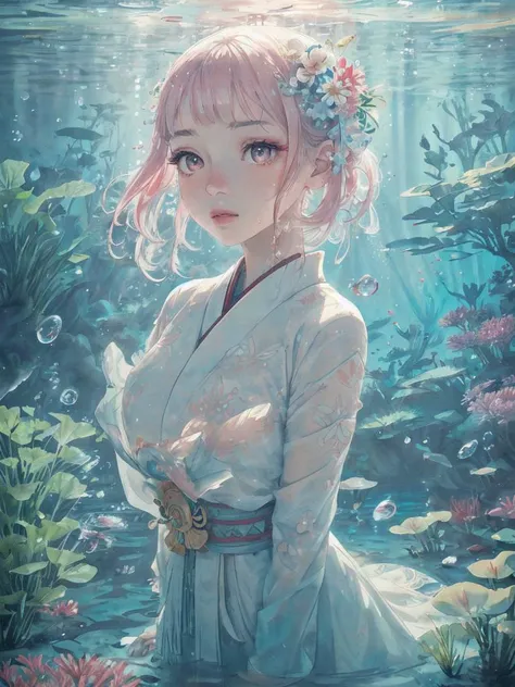 ((close up, upper body)), white long hair, pink eyes, standing, underwater world, plants, sunlight, flowers, ((otokoyaku)), beautiful woman, masterpiece, best quality, detailed face and eyes, dress, underwater hair physics, air bubbles, ((light coming through water)), solo focus, depth of field, ambient lighting, atmospheric, intricate details, soft light, artstation, ((look at the view, face up, face centered, solo, 1girl))