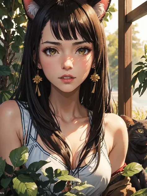 front face, cat girl, by Yoji Shinkawa and Guweiz in the style of Borderlands, unreal engine, octane render, depth of field, 8k uhd, raytracing, cinematic lighting, half body, center, front face, beautiful face, high quality, close up, upper body, dress, forest, flowers, plants, sunlight, golden light, solo, 1girl, long mess hair