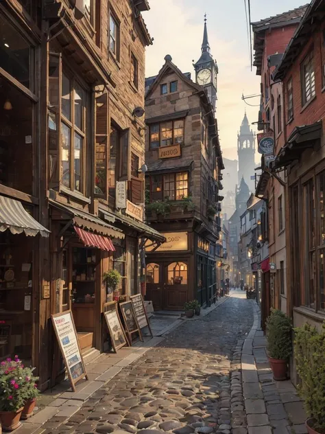 Outside a curiosity shop the shop front display windows have many oddities that can be seen from the cobblestone street, creepy atmosphere, medieval aesthetic, 4k HD, environment, 8k resolution, detailed architecture, Patrick Ziegler, Felipe Almeida De Abreu, Canaletto, Krenz Cushart, featured on Artstation, zbrushcentral, Cryengine