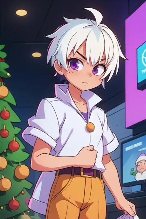 masterpiece, best quality, game cg, 1boy, solo, male focus, looking at viewer, , depth of field, <lora:ren_elsie_jewelria:0.74>, ren_elsie_jewelria, white hair, multicolored hair, purple eyes, two-tone hair, santa claus costume, cyberpunk,