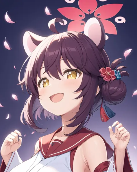 kaede \(blue archive\),1girl, red_sailor_collar, solo, halo, ahoge, skin_fang, open_mouth, detached_sleeves, japanese_clothes, smile, hair_bun, petals, blurry_background, breasts, upper_body, cherry_blossoms
<lora:kaede_(blue_archive)_image428_2023-11-28:1>halo. gorgeous,key visual, vibrant, studio anime,award-winning, professional, highly detailed,high budget, cinemascope