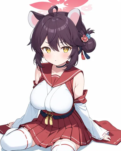 kaede \(blue archive\),1girl, detached_sleeves, halo, solo, ahoge, large_breasts, red_sailor_collar, white_background, simple_background, white_thighhighs, sitting, single_side_bun, blush, red_skirt, skin_fang, looking_at_viewer, red_hakama, nontraditional_miko, ribbon-trimmed_sleeves, open_mouth, hakama_short_skirt, pleated_skirt, obi
<lora:kaede_(blue_archive)_image428_2023-11-28:1>halo. gorgeous,key visual, vibrant, studio anime,award-winning, professional, highly detailed,high budget, cinemascope