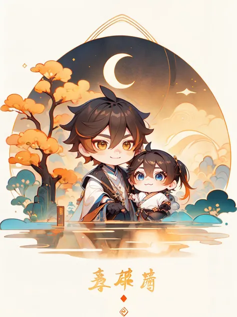 (masterpiece, top quality, best quality, beautiful and aesthetic:1.2),2boys,Holding hands,chibi,1boy,Tartaglia\(genshin impact\),smile,orange hair,hair between eyes,blue eyes,freckles,eyelashes,chinese_style,<lora:targatlia-mi:0.8>,chibi,1boys,Zhongli \(genshin impact\),((long hair, multicolored hair, gradient hair, brown hair, hair between eyes,black hair)),yellow eyes,tassel earrings,tassel,smile,chinese_style,<lora:Zhongli_Hard:0.8>,
Flat and Zen Chinese lllustration style,moutain,river,tree,moon,night,orange green theme,<lora:20231114-1699928147886:0.7>,<lora:detail_slider_v4:1>,chines traditional town,