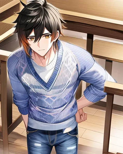 adult male, zhongli \(genshin impact\),( in jeans and knitted sweater:1.3), standing in a classroom, best quality, masterpiece, soft lighting, sharp focus, highly detailed