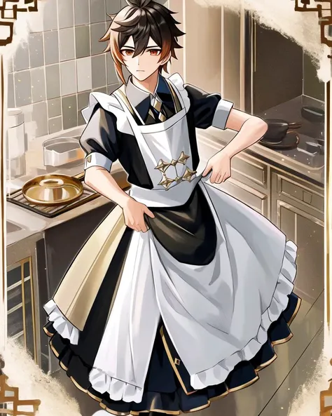 male, zhongli \(genshin impact\), in maid outfit, standing in a kitchen, full body, best quality, masterpiece, dynamic pose,soft lighting, (epic:1.1), sharp focus, highly detailed