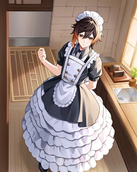 male, zhongli \(genshin impact\), in maid outfit, standing in a kitchen, full body, best quality, masterpiece, dynamic pose,soft lighting, (epic:1.1), sharp focus, highly detailed