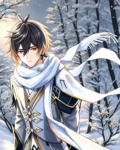 adult male, zhongli \(genshin impact\), (in a white coat and scarf:1.3), earring, one sided long ponytail hair, winter forest background, best quality, masterpiece, soft lighting, sharp focus, highly detailed