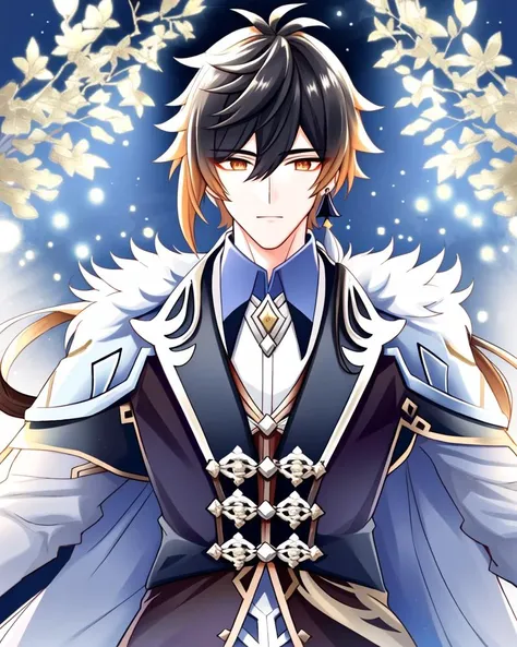 adult male, zhongli \(genshin impact\),( in a fluffy coat:1.3), earring, one sided long ponytail hair, winter forest background, best quality, masterpiece, soft lighting, sharp focus, highly detailed