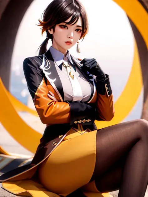 1girl, female focus, masterpiece, best quality, zhongli \(genshin impact\), solo, bangs, jewelry, tassel, earrings, ponytail, low ponytail, gloves, necktie, jacket, shirt, formal, petals, suit, makeup, big breast, eyeliner, eyeshadow, long hair, brown hair, multicolored hair, long sleeves, tassel earrings, single earring, collared shirt, hair between eyes, black gloves, closed mouth, yellow eyes, gradient hair, orange hair, simple background, <lora:zhongliLoraCollection_zhongliHard:1>,