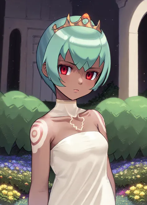 masterpiece, best quality, extremely delicate and beautiful, highres, original, <lora:Sera:0.8>, MSera, short hair, green hair, red eyes, dark skin, white tattoo on shoulders, white dress, princess, princess dress, ((royal dress)), tiara, upper body, serious, garden, colorful garden, castle, looking at viewer,