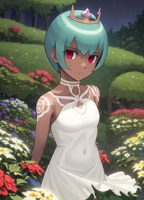 masterpiece, best quality, extremely delicate and beautiful, highres, original, <lora:Sera:0.8>, MSera, short hair, green hair, red eyes, dark skin, white tattoo on shoulders, white dress, princess, princess dress, ((royal dress)), tiara, upper body, serious, garden, colorful garden, castle, looking at viewer,