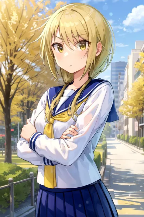 masterpiece, best quality, 1girl, <lyco:Yui-000007:1.0>, ichii yui, serafuku, sailor collar, neckerchief, skirt, crossed arms, outdoors, crossed arms, looking at viewer