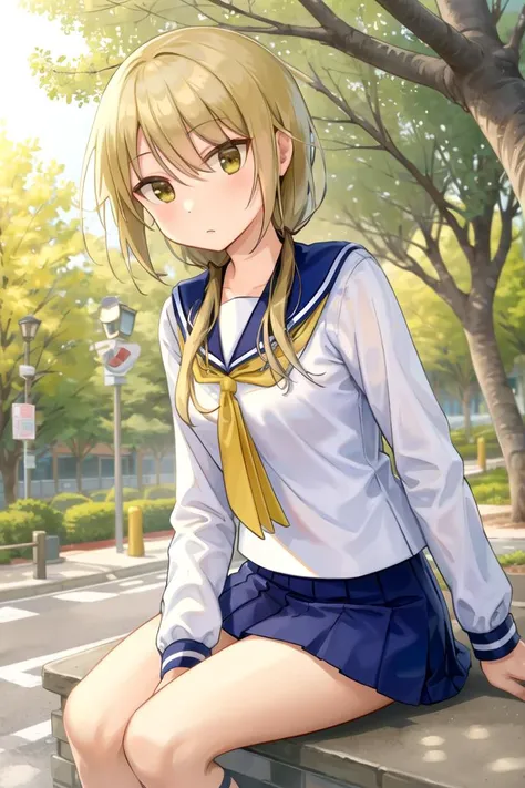 masterpiece, best quality, 1girl, <lyco:Yui-000007:1.0>, ichii yui, serafuku, sailor collar, neckerchief, skirt, sitting, outdoors, nature, tree