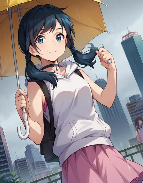 score_9, score_8_up, score_7_up, source_anime,
hinaamano, <lora:hina-amano-ponyxl-lora-nochekaiser:1>,
hina amano, black hair, twintails, blue eyes, smile,
skirt, jacket, sleeveless, choker, hood, bag, hoodie, white jacket, backpack, hood down, hooded jacket, pink skirt, sleeveless jacket, sleeveless hoodie,
outdoors, cityscape, raining, umbrella, holding umbrella,
looking at viewer, dutch angle, cowboy shot,