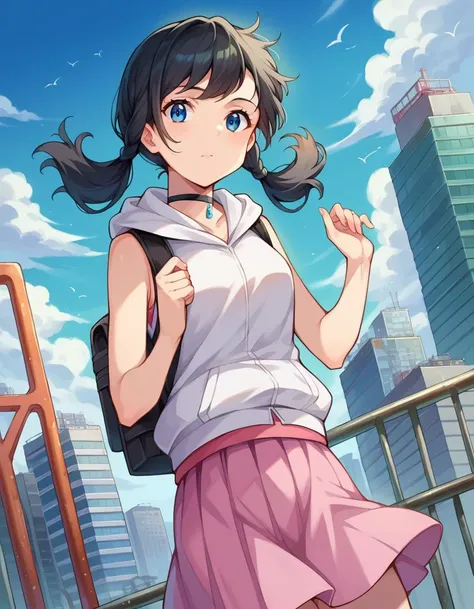 score_9, score_8_up, score_7_up, source_anime,
hinaamano, <lora:hina-amano-ponyxl-lora-nochekaiser:1>,
hina amano, black hair, twintails, blue eyes,
skirt, jacket, sleeveless, choker, hood, bag, hoodie, white jacket, backpack, hood down, hooded jacket, pink skirt, sleeveless jacket, sleeveless hoodie,
outdoors, cityscape,
looking at viewer, dutch angle, cowboy shot,