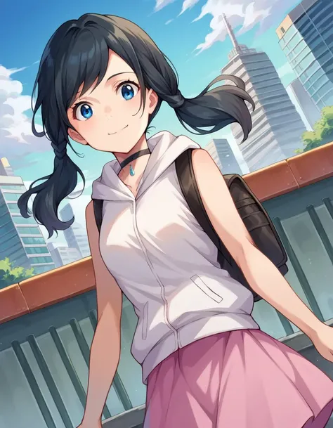 score_9, score_8_up, score_7_up, source_anime,
hinaamano, <lora:hina-amano-ponyxl-lora-nochekaiser:1>,
hina amano, black hair, twintails, blue eyes, smile,
skirt, jacket, sleeveless, choker, hood, bag, hoodie, white jacket, backpack, hood down, hooded jacket, pink skirt, sleeveless jacket, sleeveless hoodie,
outdoors, cityscape,
looking at viewer, dutch angle, cowboy shot,
