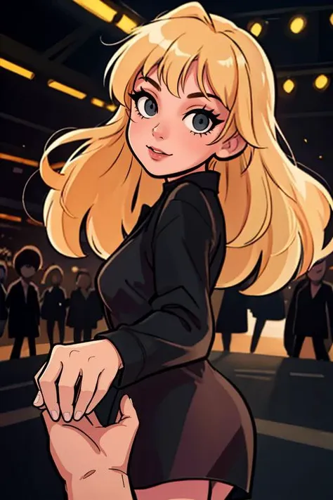 best quality, beautiful, illustration, a dance party, IncrsHoldingHandsPov, from side laurapalmer, blonde, solo, black dress, dress, pov hands, black jacket,  alluring, dance party, lights, crowd, <lora:Laura:.6>    <lora:HoldingHandsPov:.8>,   looking at viewer,  <lora:StarryIncursioStyle:.4>line-art, western comics (style),