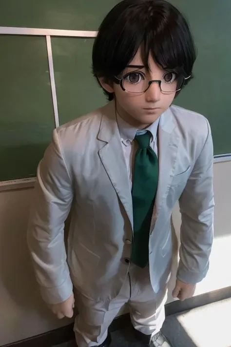 1boy, (wearing glasses), (black hair), (short hair), (black eyes), (wearing school boy uniform with (blue_school_suit and green_school_tie)), (white socks), (black shoes), (standing), ((full body):1.5), ((classroom background):1.5), ((solo):1.5),
(denoise), (8k uhd), (extremely fine and beautiful, best quality, ultra-detailed), (sharp focus), (soft illumination, soft volumetric lighting, soft lighting, soft shadows), (ray tracing ambient occlusion), (masterpiece, post processing), intricate, ((stunning environment):1.5),
(side lighting, particle lighting, cinematic lighting), (light and shadows),
(detailed (boy hair, boy face, cloth):1.2), kigurumi, upper body, <lora:kigurumiV1:0.75>
