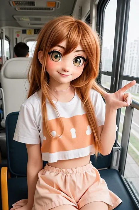 a (photo:1.7) of a real (uncannime:1.2) woman, a (photo:1.7) taken (on the bus:1.4), wearing croptop and shorts, orange hair, (hyperrealism:1.5), (freckles:1.5), kigurumi, movie scene, action pose, smug laughing, (anime cosplay:1.3) <lora:kigurumiV1:.5> <lora:3Ddisney:.3> <lora:analogFilmPortraits_10:.3>