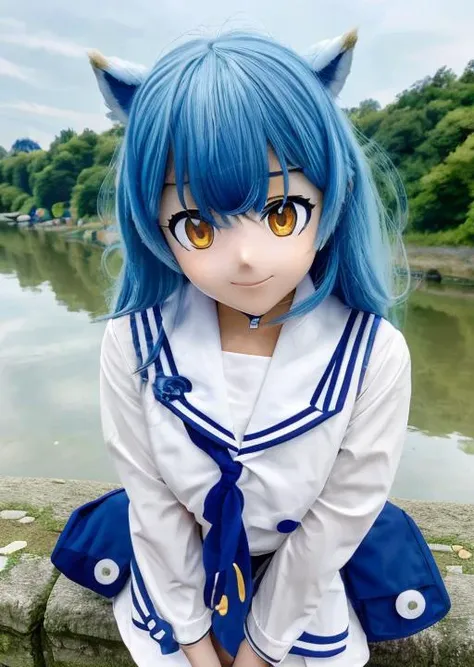 (best quality, Ultradetailed:1.2),girl, bloom, <lora:kigurumiV1:0.8>sailor suit,blue hair,kemono,river bed park,yellow eye,smile,big bust