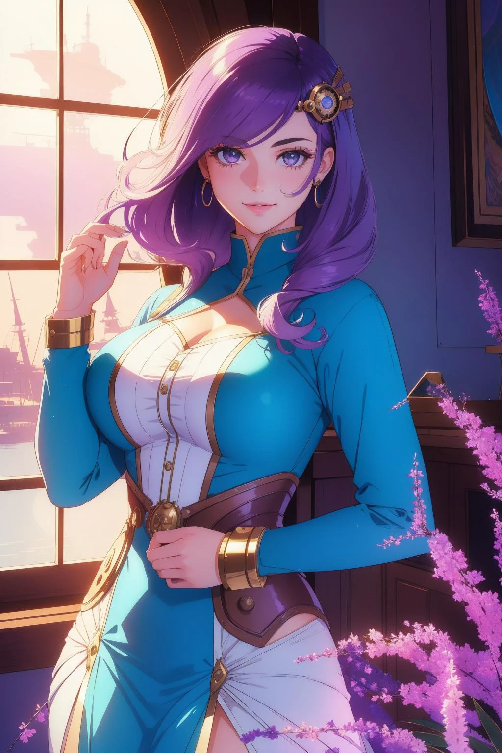 1girl, grand Fractal, Dieselpunk, stylized, cinematic shot of a Stunning Mythical burly Space Age (Girl:1.3) , she is holding hands with person, she has a very smug smile as a Pirate, in a very Hyperdetailed Kurti, her hair is Original and styled as Shaggy, the Pirate has a 1980'S Edo Period Maroon Cybernetic Eye, Large Hazel Eyes, Purple indoors and grass, Foggy, in focus, (romanticism art designed by Giovanni (Nino) Costa:1.0) , Graphic novel, Depressing, Ethereal Lighting, F/5, two colors, dreamy magical atmosphere, Lavender and Gold, realistic pleasant face, Aquamarine detailed eyes, arthouse, High quality