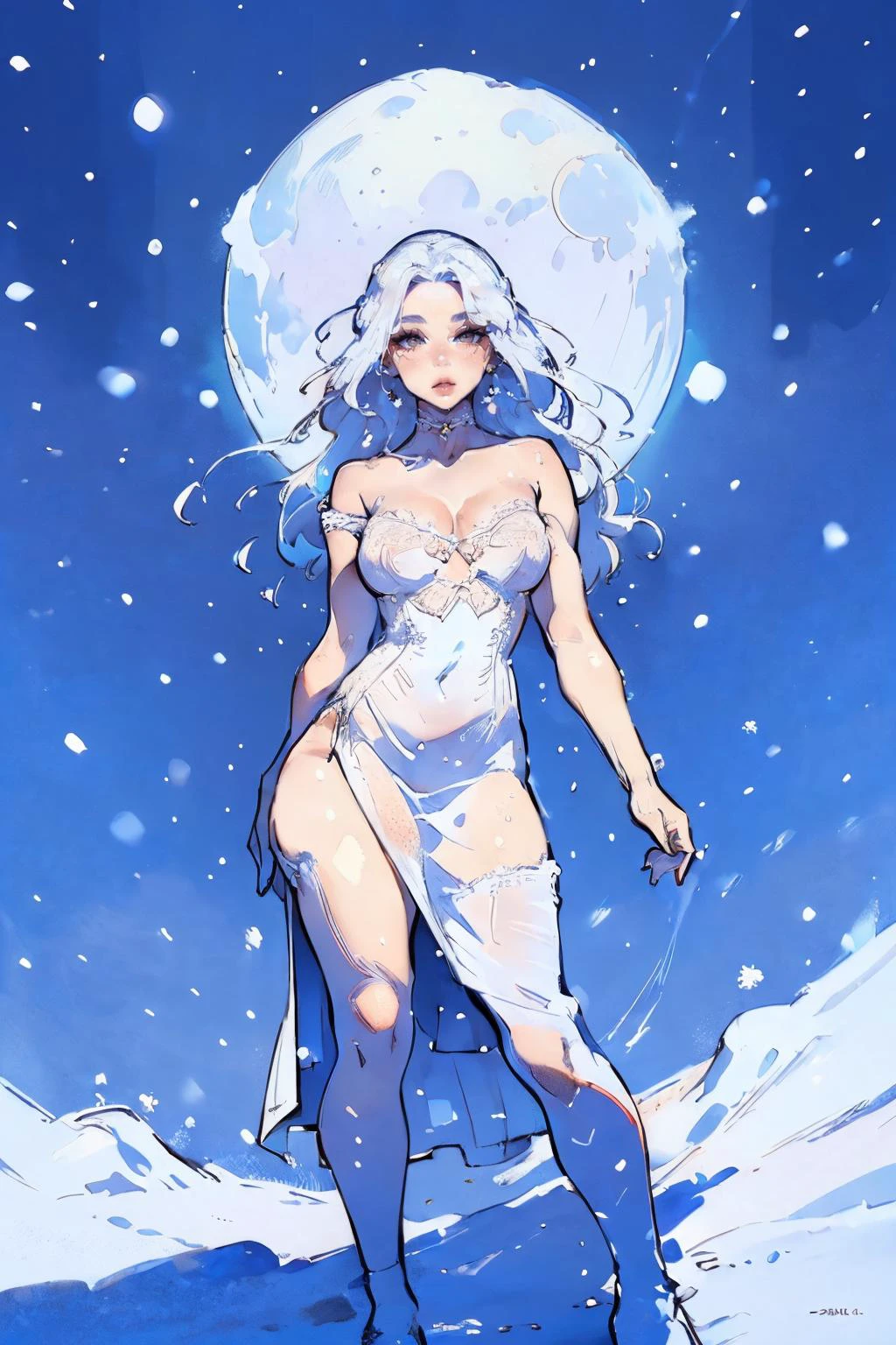 (nsfw), (masterpiece, high quality, best quality, detailed:1.4), (fantasy art), aerial, <lora:m1xd0ll:0.7> m1xd0ll, woman with white hair, solo, standing, (white skin:1.2), white eyelashes, (wearing white see-through dress:1.2), <lora:weight_slider_v2:1>, (small puffy breasts), (suggestive poses:1.2), outdoor, (snowing,:1.2), moon, <lora:Frazetta:0.7> <lora:Ink_Painting:0.5> <lora:GoodHands-beta2:1>