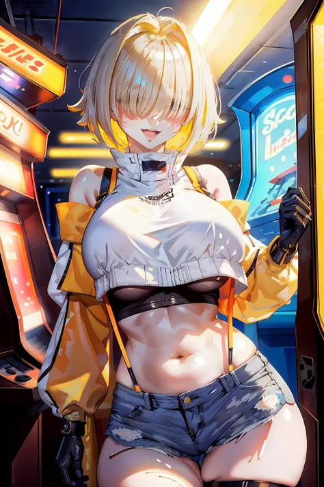 dark, masterpiece, best quality, 1girl, shiny skin, arcade, indoors, neon lights, elegg, short hair, bangs, hair intakes, multicolored hair, hair over eyes, light smile, crop top, bare shoulders, long sleeves, suspenders, midriff, navel, short shorts, thigh strap, huge breasts, gloves, <lora:elegg-nikke-richy-v1:1><lora:more_details:0.1><lora:hairdetailer:0.5>