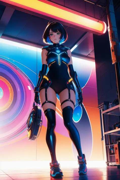 a woman in a futuristic outfit standing in front of a neon background