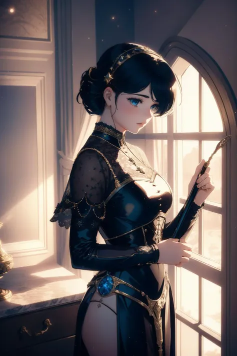 a woman in a black dress holding a sword in front of a window