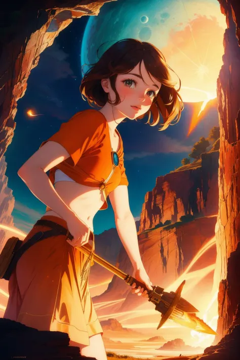 a woman in an orange shirt holding a sword in front of a cave