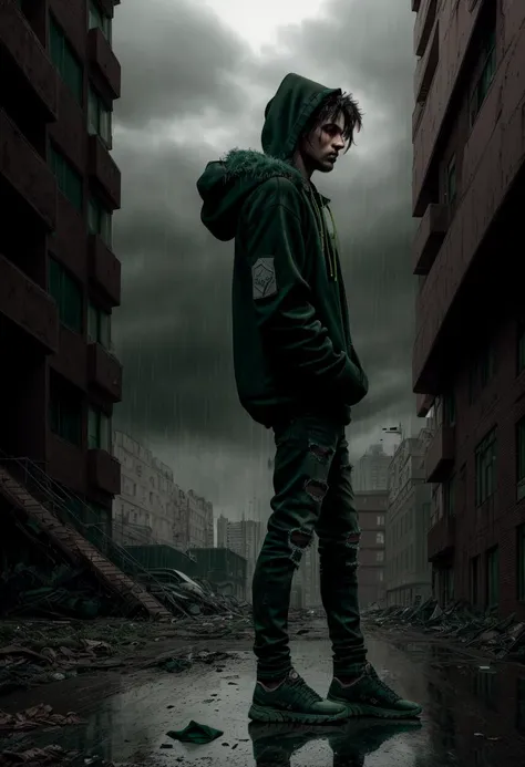 ((best quality)), ((masterpiece)), ((ultra realistic)), ((dark noir style)), intricately detailed soft oil painting, (a desolate apartment block:1.3), body portrait of a man standing on the sidewalk, (look of accusation:1.4), wearing ripped jeans and a hoodie,garbage everywhere, raining, reflections, rubble, overgrown, hard edge lighting, gloomy overcast day, professional, depth of field, film grain, smooth, roughness, real life, deep shadows, high contrast, (dark muted black brown and green color palette:1.3),