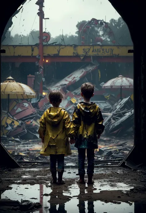 ((best quality)), ((masterpiece)), ((ultra realistic)), ((dark noir style)), beautiful intricately detailed soft water color painting, 2 children holding hands in a dilapidated amusement park, rusted, broken, gloomy over cast rainy, rubbish, rubble, detritus, dirty cuddly toys, broken kiosk, ( mud, reflections:1.2),(everything destroyed, broken windows, wearing yellow rain coats:1.2), Ferris wheel, highly detailed, ((body portrait)), professional, 8k, uhd, soft volumetric lighting, depth of field, film grain, smooth, roughness, real life, soft warm vibrant yellow and black color palette