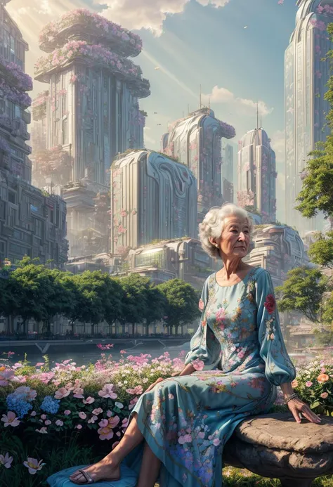 ((best quality)), ((masterpiece)), ((ultra realistic)), ((classical style)), 1girl, (smooth detailed utopian futuristic city on a summers day:1.3), (close up body portrait of a elderly lady, sitting on a summer seat, beside a dear, floral embroidered dress:1.5), beautiful intricately detailed soft oil painting, jubilant old grandmother feeding the ducks in a verdant city street, (pedestrians in the background:1.4), pristine artistic skyscrapers, (beautiful plant life mixed with scifi architecture, flowers, wild life, dears), vast utopian vision, depth of field, professional, 8k, uhd, soft edge lighting, film grain, smooth, roughness, real life, vibrant colors, god rays,  photographed on a Canon EOS R5, 50mm lens, F/2.8, HDR, professional