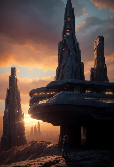 ((best quality)), ((masterpiece)), ((ultra realistic)), ((scifi noir art style)), (1girl:0.8),, a little child girl wearing a duffel coat standing awe struck before a (towering monolithic techno structure:1.2) constructed from the imagination of an ai, (amazed expression:1.2), non human craftsmanship, (strange technological geometries reaching to the sky:1.3), backlit, professional, deep shadows, depth of field, professional, 8k, uhd, soft edge lighting, film grain, smooth, roughness, real life, vibrant colors, low angle, painted with heavy brush strokes, sunset,