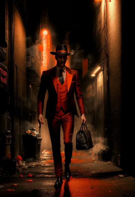 ((best quality)), ((masterpiece)), ((ultra realistic)), ((dark noir style)),  (night time), black and amber intricately detailed soft oil painting, (a dark and misty New York alley:1.3), body portrait of a shadowy man standing under a street light, wearing a pinstripe suit and fedora, smoking, trail of cigarette smoke, hard edge lighting, steam drifting through the alleyway, brick, fire escapes, dumpsters, bags of rubbish,  professional, depth of field, film grain, smooth, roughness, real life, deep shadows, high contrast, (black red and orange color palette:1.3),