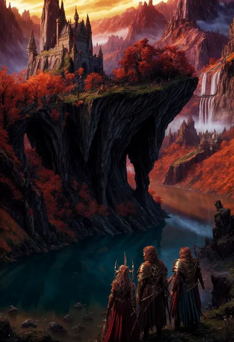 ((best quality)), ((masterpiece)), ((inked)), majestic intricately detailed soft oil painting by jim lee, Majestic vast and beautiful alien fantasy landscape, castles, ruins fortresses, rivers mountains, plains, rainbow color palette, waterfalls forests, depth of field, film grain, smooth, roughness, real life,backlit, hard edge lighting, dramatic cinematic lighting, soft edge lighting, (bloom:1.2), (warm vibrant colors:1.3), photographed on a Canon EOS R5, 50mm lens, F/2.8, HDR, professional, dramatic cinematic lighting, cinematic Film still from the lord of the rings|krull|cannibal holocaust, (dark fantasy style:1.5)