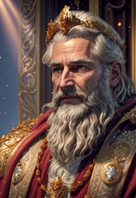 ((best quality)), ((masterpiece)), ((ultra realistic)), ((classical art style)), majestic intricately detailed soft oil painting, close up portrait, Elderly Greek benevolent god king, wrinkled skin, (detailed white beard:1.1), bushy eyebrows, glacial eyes, (wise and kind face:1.2), gentle smile, pristine white robes,( ornate bejeweled shining golden crown:1.3), handsome, white marble pantheon background, highres, depth of field, (deep shadows:1.2), (golden god rays:1.3), high detail, sharp focus, smooth, roughness, real life, backlit, dramatic warm cinematic lighting, reflections, bloom, sparkles, warm vibrant color palette