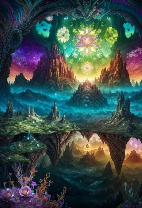 ((best quality)), ((masterpiece)), ((ultra realistic)), ((high fantasy style|tim burton style)), beautiful intricately detailed soft oil painting by mc escher|jim lee of a of an impossible landscape, chaos, (Kaleidoscope dimensional rift:1.4), infinite falling broken biomes, aquatic, grassland, forest, desert, tundra, cinematic film still from krull|doctor strange, vibrant trippy colors,